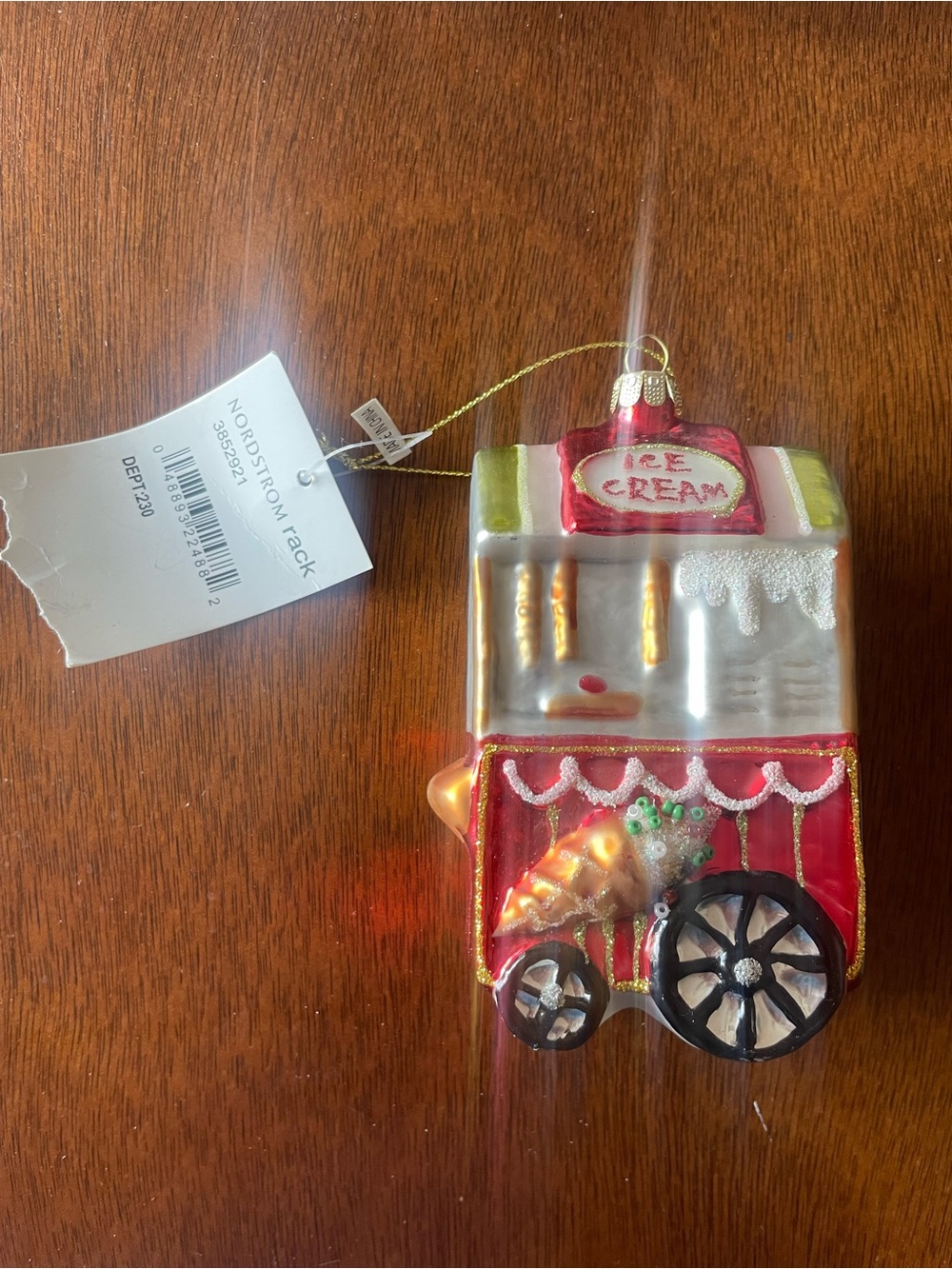 NWT Blown Glass Ice Cream Cart Christmas Ornament Hand Painted Glitter Nordstrom